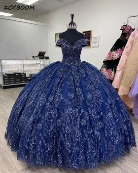 Αστραφτερή Πριγκίπισσα Ναυτικό Μπλε Από Τον Ώμο Quinceanera Φορέματα 2023 Αγαπημένη Δαντέλα Απλικέ Γλυκά 16 Φόρεμα Μπάλα Vestidos De 15 Años