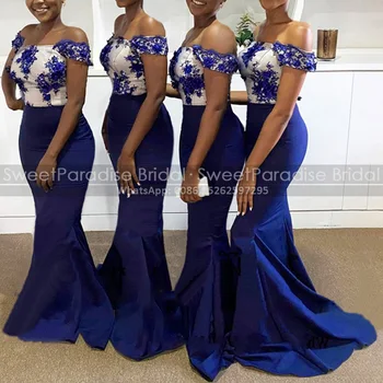 Βασιλικό Μπλε Appliques Από Τον Ώμο Φορέματα Παράνυμφων Πτυχών Γοργόνα Φερμουάρ Πίσω Μακριά Τρομπέτα Φόρεμα Παράνυμφος