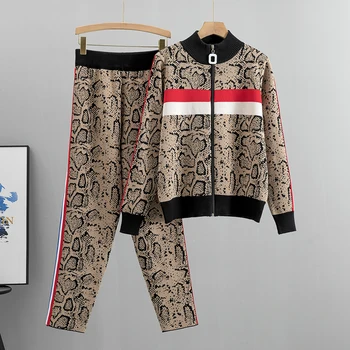 Γυναικεία Φόρμα Μακρύ Μανίκι Πλέκει το Λεοπάρ Πουλόβερ Ζακετών+Εσώρουχα Σύνολα Μόδας Παντελόνι Δύο Κομμάτια Κοστούμια Στολή y2k Φθινόπωρο