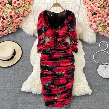 Γυναικών Vintage Βράδυ Τριαντάφυλλα Πλέγμα Τυπωμένων υλών Τούλι Bodycon Φόρεμα Κόμμα το Βράδυ Clubwear 2022 Καλοκαίρι Midi Καιρό Vestidos