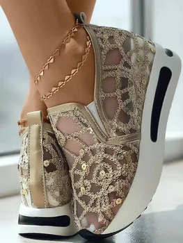 Γυναικών Πάνινα παπούτσια Floral Κεντητικής Πλέγμα Πάνινα παπούτσια για τις Γυναίκες Slip on Casual Άνετα Ψηλοτάκουνα Παπούτσια Γυναίκα