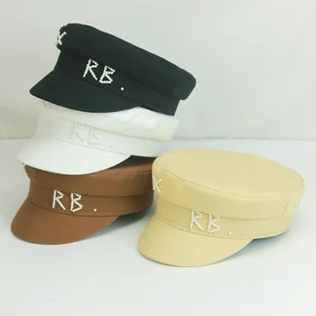 Γυναικών πολυτέλειας Μαργαριτάρια RB Επιστολή Militray Καπέλο Μόδας Streetwear Ναυτικό Καπέλο Διευθετήσιμο Επίπεδη Κορυφή Εφημεριδοπώλης Καλύμματα Casual Gorras Καπέλα Γείσων