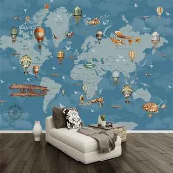 Ζωγραφισμένα στο χέρι Μπλε κινούμενα σχέδια Παγκόσμιο Χάρτη Εφημερίδες Τοίχου Διακόσμηση του Σπιτιού με Αερόστατο, Αεροπλάνο παιδικό Δωμάτιο Φόντο την Τοιχογραφία Wallpaper 3D