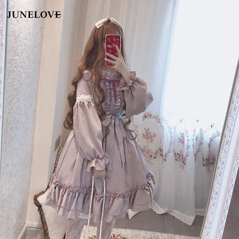 Η αλίκη Στη Wondeland Χαριτωμένο Γυναίκες Lolita OP Φόρεμα Flouncing Περιποίηση Δαντελλών Ιαπωνικά Harajuku Μακριά Μανίκια Κούκλα Έφηβος Φόρεμα Νεράιδα Vestidos