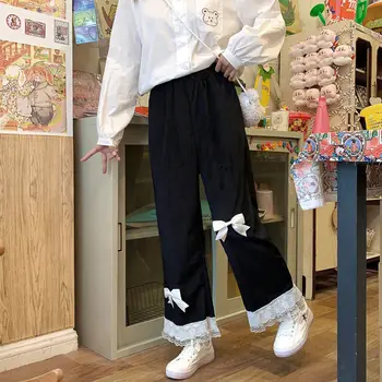 Ιαπωνικά Lolita Γυναικών Kawaii Υψηλή Μέση Κοτλέ Παντελόνι Γλυκιά Δαντέλα Τόξο Ευρεία Πόδι Παντελόνι Girly Vintage Ρούχα Χαλαρά Χαριτωμένο Παντελονιού