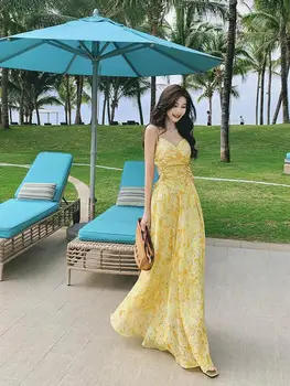 Κίτρινο V-λαιμό Λουρί Μακαρονιών Club Κόμμα Σέξι Φορέματα για τις Γυναίκες το Καλοκαίρι Bodycon Κορσέ Φόρεμα 2023 Εξώπλατο Μακρύ Φόρεμα γραμμή Εκτύπωσης