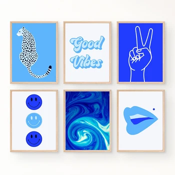 Κολεγιακά Δωμάτιο Διακόσμηση Αφίσες Τοίχων Τέχνης Ειρήνη Εμπνευσμένα Λόγια Καλά Vibes Χείλη Καμβά Ζωγραφικής Σύγχρονη Αφηρημένη Μπλε Εικόνες