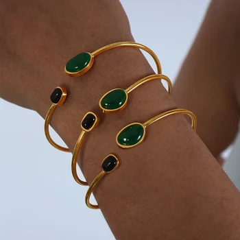 Κομψό Vintage Πράσινο Μαύρο Αχάτη, για Γυναίκες Βραχιόλι Μόδας Στρογγυλό Άνοιγμα Καλυμμένο το Χρυσός Βραχιόλι Ανοξείδωτου Για τις Γυναίκες Κοσμήματος