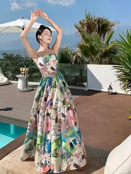 Κομψό Ρετρό Ολίσθησης Φορέματα Για Τις Γυναίκες Νέα Καλοκαιρινή Εκτύπωσης Σέξι Εξώπλατο Φόρεμα Vintage Casual Γαλλικά Διακοπές Στην Παραλία Μια Γραμμή Φόρεμα Κόμματος