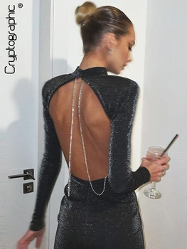 Κρυπτογράφησης Προκλητικά Backless Αλυσίδα Glitter Φόρεμα Κόμματος για τις Γυναίκες τα Ρούχα Vestido Κομψά Ρούχα Φθινόπωρο Μακρύ Μανίκι Μίνι Φορέματα