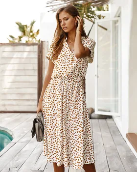 Κυρίες Μποέμ Leopard Print Πουκάμισο Φόρεμα των Γυναικών Casual Midi Διακοπές το Καλοκαίρι Θηλυκό Φόρεμα Μια γραμμή Χαλαρό Γυναίκες Φόρεμα Παραλία Vestidos