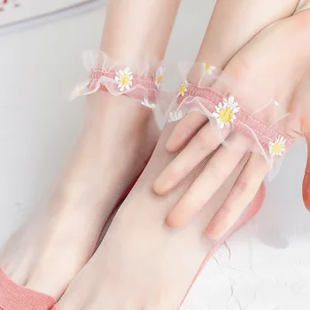 Λουλούδι Ruffle Κάλτσες Γυναικών το Καλοκαίρι Ultra-thin Διαφανές Κρύσταλλο Μεταξωτές Κάλτσες Ιαπωνικό Χαριτωμένο Χαριτωμένο, Δαντέλα Low Cut Κοντές Κάλτσες Αστραγάλων