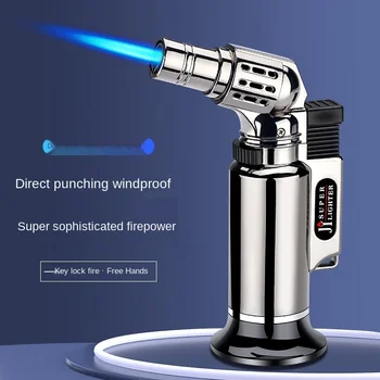 Μέταλλο Άμεσου ψεκασμού Όπλο Windproof Μπλε Φλόγα Ένα Κουμπί Φλόγα Κλειδώματος Βουτάνιο Αναπτήρα Υπαίθριο ΜΠΆΡΜΠΕΚΙΟΥ Κουζίνα Αναπτήρας Πούρων