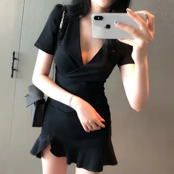 Μαύρο Split Καλοκαίρι Μίνι Φορέματα για τις Γυναίκες V Λαιμό Club κορέας Ρούχα Κοντό Μανίκι Βολάν Σέξι Bodycon Φόρεμα σε 5 Χρώματα