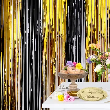 Μαύρο Χρυσό Φύλλο Αλουμινίου Κουρτινών Υποβάθρου Τσεκιών Τοίχο Πάρτι Γενεθλίων Σκηνικά Τοίχων Κουρτινών Επέτειο Του Γάμου Bachelor Party Decor