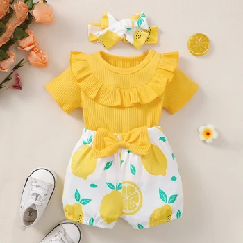 Μικρό παιδί Μωρό Κορίτσια Ρούχα το Καλοκαίρι Στερεά Κοντό Μανίκι Κορυφή +Λεμόνι Printed Σορτς 2Pcs Σετ Βρεφικά Ρούχα της Μόδας Στολή