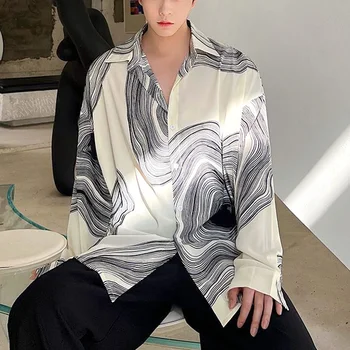 Μπλούζες Μακρύ Μανίκι Μόδας κορέας Casual Γεωμετρικά Χαλαρά Turn-κάτω Κολάρο ανδρικά Ρούχα 2023 Άνοιξη Καλοκαίρι Λεπτό Κουμπί Κορυφές