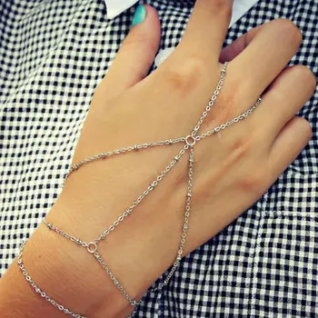 Μόδα Γοητεία Multi-στρώμα Χαλκού Χάντρες Κρίκος της Αλυσίδας που Συνδέει το Δάχτυλο Δαχτυλίδι Bangle Βραχιόλια για τις Γυναίκες Χέρι το Λουρί Κοσμήματα Δώρα