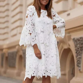 Μόδας Λευκό Κεντημένο Φόρεμα Του Καλοκαιριού Γυναίκες 2022 Κομψών Ο Λαιμών Μισό Μανίκι Πουλόβερ Φόρεμα Για Τη Γυναικεία Περιστασιακή Κοίλο Χαλαρά Φορέματα