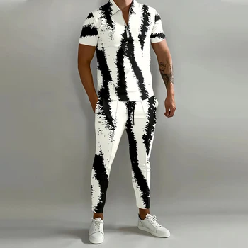 Μόδας Ριγωτές Εκτύπωσης Φορμών Γυμναστικής Ατόμων Άνοιξη Καλοκαίρι Κοντό Μανίκι Πέτου Φερμουάρ Μπλούζες Και Παντελόνια Δύο Σύνολα Κομμάτι Άνδρες Αθλητικά Ρούχα