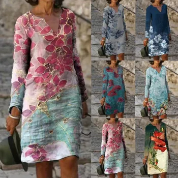 Νέα Μόδα Holiday Beach Boho Φόρεμα Των Γυναικών Φθινόπωρο Κομψό Μακρύ Μανίκι Floral Print Φορέματα Vestidos