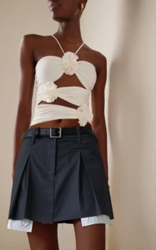 Νέα Μόδα των Γυναικών Halter Καλλιέργεια Cami Μπλούζες χωρίς Μανίκια 3D Λουλούδι Μπροστά Κοίλο Έξω Ruched Καμιζόλα Φιλικό προς το Δέρμα Club Street Style