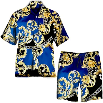 ΝΈΑ Πολυτελή Χρυσή Floral Print Άνδρες της Χαβάης Σύνολο Μοντέρνο Κοντό Μανίκι Πουκάμισο Πέτου/Παραλία Σορτς/Κοστούμι Μπαρόκ Στυλ Ρούχα το Καλοκαίρι