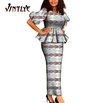 Νέα Σκουφί Αφρικής Bazin Riche Ντραπέ τοπ και Φούστα Ορίζει για τις Γυναίκες το Γραφείο Vestidos Αφρικανική 2 Κομμάτι Φούστες Σύνολα Ρούχα WY6707
