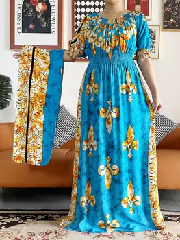 Νέες Γυναίκες Της Αφρικής Σκουφί Βαμβακιού Floral Φόρεμα Εκτύπωσης Καλοκαίρι Κοντό Μανίκι Συλλέγουν Μέση Ίσια Χαλαρή Μέγεθος Αφρικανών Γυναικών Abaya
