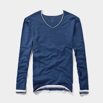 Οι άντρες Άνοιξη, το Φθινόπωρο Fashion Brand Κίνα Στυλ Μπαμπού Βαμβακιού Fake Δύο Κομμάτια V-λαιμό Μακρύ Μανίκι T-shirt Αρσενικό Casual Λεπτό Τεε Tshirt