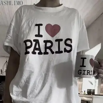 Οι γυναίκες Αστεία T-shirt Λατρεύω το Παρίσι Επιστολή Εκτύπωση T Shirt της δεκαετίας του 2000 Y2k Αισθητική Ρούχα Πανκ Harajuku Υπερμεγέθη Tshirt Vintage Γυναικεία