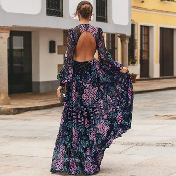 Οι Γυναίκες Το Καλοκαίρι Φόρεμα Μανίκι Πλέγματος O Neck Backless Κεντητικής Floral Print Κοίλο Έξω Δείτε Μέσα Από Το Τυπωμένο Λουλούδι Μακριές Μεγάλου Μεγέθους Φορέματα
