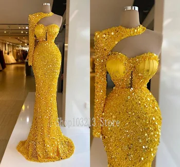 Πολυτελή Φορέματα Βραδιού Φωτεινό Κίτρινο Πούλιες Χάντρες Halter Γοργόνα Prom Φόρεμα Μακριά Μανίκια Φορέματα Κόμμα Προσαρμόσετε Ρόμπα De Mariée