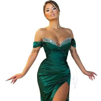 Σέξι Βραδινό Φόρεμα Σατέν Γοργόνα Ώμο Prom Φόρεμα 2022 Πήχες Υψηλής Split Πράσινο Κόμμα Κοκτέιλ Φορέματα Συν Μέγεθος