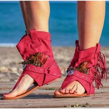 Σανδάλια 2022 Κλιπ Toe Γυναικών Σέξι Μπότες Γυναικείου τα Περιστασιακά Παπούτσια Φούντα Ρώμη Μονομάχος Καλοκαίρι Θηλυκό Leopard Beach Υποδήματα Μόδας