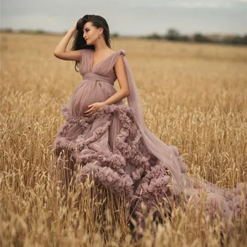 Σκονισμένο Ροζ Μητρότητας Βραδινά Φορέματα Ρόμπες για φωτογράφηση Μωρό Ντους Ruffle Τούλι Κομψό Γυναίκες Φόρεμα Νυχτικό Φωτογραφίας Ρόμπα