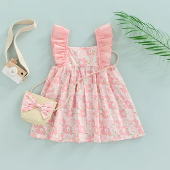Στολή Του Καλοκαιριού Μικρό Παιδί Κορίτσι Φορέματα Μόδας Χαριτωμένο Floral Print Βαμβάκι Μωρό Πριγκίπισσα Φόρεμα+Τσάντες Ώμου Νεογέννητα Ρούχα Σετ