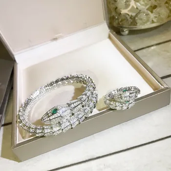 Σχεδιαστής Συλλογή Δαχτυλίδι Βραχιόλι Πλακόστρωτη Γεμάτη Τσεχική Διαμάντι Καλυμμένο Χρυσό Χρώμα Πράσινο Μάτι Φολιδωτό Φίδι Φίδι Φίδι Σύνολα Κοσμήματος