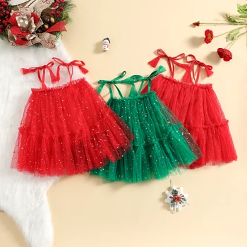Τα χριστούγεννα τα Παιδιά Νηπίων Μωρών για τα Κορίτσια Φόρεμα, Πούλιες/ Τελείες Εκτύπωση χωρίς Μανίκια Γραβάτα-Up Ruffle A-Line Φόρεμα για Κορίτσια, Από 6 Μηνών-4 Ετών