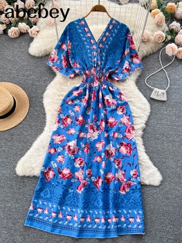 Το 2023 Boho Γυναίκες Floral Τυπωμένο φόρεμα λαιμών Β Puff Μανίκι φορέματα καλοκαίρι Βολάν παραλία midi φόρεμα