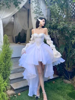Το 2023 Άνοιξη Καλοκαίρι Κομψό Λευκό Από Τον Ώμο Φόρεμα Νεράιδα Vintage Γυναικεία Chic Πριγκίπισσα Φόρεμα Puff Πλέγμα Ριπή Φόρεμα, Φόρεμα Κόμματος
