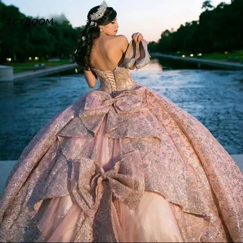 Το 2023 Αυξήθηκε Χρυσός Κρυστάλλου Sparkly Appliques Τόξο Quinceanera Φορέματα Φόρεμα Μπάλα Από Τον Ώμο Beading Γλυκό Vestidos De 15 Κορίτσια