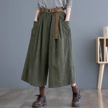 Το 2023 Κορέας Στυλ Κοτλέ Vintage Φθινόπωρο Χειμώνας Παντελόνι Με Υψηλή Μέση Χαλαρό Γυναίκες Casual Ευρεία Πόδι Παντελόνι Άνοιξη Κάπρι Παντελόνι Με Ζώνη