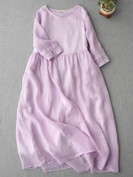 Το 2023 Νέα Καλοκαιρινή Στερεά Βαμβάκι Γύρου Λαιμό Γυναίκες Φορέματα Υψηλή Μέση Λεπτή Γραμμή Casual Χαλαρό Φόρεμα Μισό Μανίκι Δαντέλα Μακρύ Φόρεμα