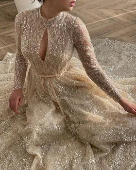 Το 2023 Σαμπάνια Δαντέλα Ακτινοβολεί Μια Γραμμή Prom Φορέματα Μακριά Μανίκια Υψηλής Λαιμό Κορσέ Sparkly Με Τσέπες Φορέματα Κόμματος Βραδιού