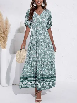 Το 2023 Το Καλοκαίρι Viscose Maxi Boho Φόρεμα Για Τις Γυναίκες Κομψό Μακρύ Floral Φόρεμα Κυρίες Τυπωμένων Υλών Λουλουδιών Μποέμ Φόρεμα Κόμμα Για Τις Γυναίκες