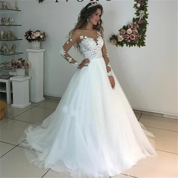 Το 2023 Ψευδαίσθηση Scoop Μακρύ Μανίκι Γαμήλια Φορέματα Appliques Δαντελλών Καθαρή Πίσω Λευκό/ Ιβουάρ Τούλι Γαμήλιο Φόρεμα Δαντελλών Γαμήλιες Εσθήτες