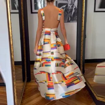 Το γραφείο Κυρία Συμπόσιο Χαλαρά Στρίφωμα Μια γραμμή Φόρεμα Κομψό Αμάνικο Εξώπλατο Φόρεμα Τυπωμένων υλών Μόδας Γυναίκες Slash Γιακά Μακριά Φορέματα