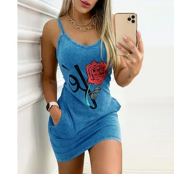 Το Καλοκαίρι Rose Τυπωμένο Γιλέκο Φορέματα Των Γυναικών Σέξι Αμάνικο Ο-Λαιμών Περιστασιακών Πιτζάμες Θηλυκό Κομψό Σφεντόνα Bodycon Μίνι Φορέματα Vestidos