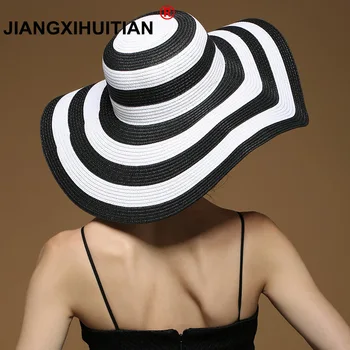 το καλοκαίρι λωρίδων καπέλων αχύρου γυναικών μεγάλα ευρύ χείλος καπέλο παραλία καπέλο ήλιων πτυσσόμενο αντηλιακό με UV προστασία καπέλο παναμά των οστών chapeu feminino